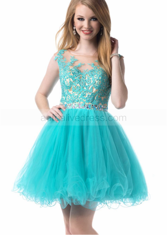 Lace Tulle V Back Beaded Belt Knee Length Prom Dress 